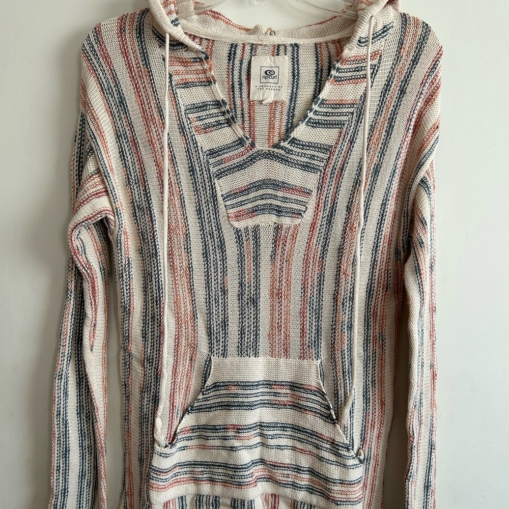 Rip Curl Cream Hooded V-Neck Sweater with Blue & Rust Stripes